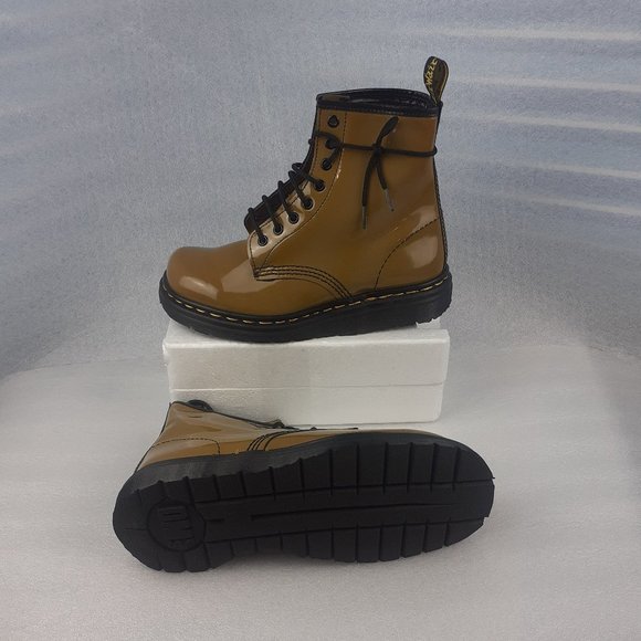 Mustard Yellow Docs, Dr. Martens PATENT LEATHER WATERPROOF Boot Made in England - Picture 3 of 9